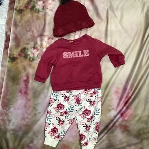 1768. Chick Pea Maroon Girls 3pc Outfit EUC 6-9mos.